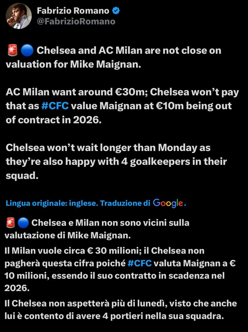 Calciomercato Milan Fabrizio Romano Chelsea
